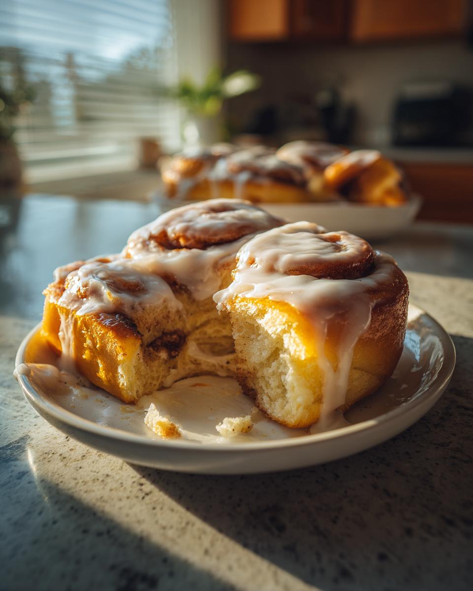 Close-up of fluffy sourdough cinnamon rolls topped with white glaze, one with a bite taken out.