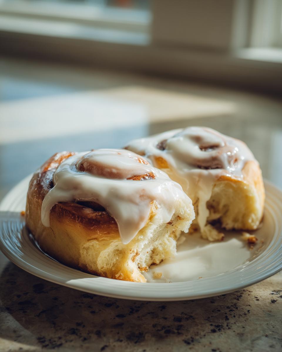 Two fluffy sourdough cinnamon rolls topped with a creamy white glaze, one with a bite taken out.
