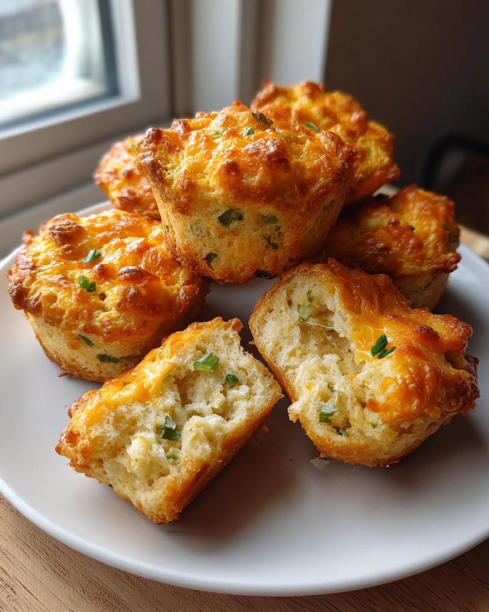 A pile of Sourdough Discard Cheddar Breakfast Muffins, one broken in half to show the fluffy interior with melted cheddar and green onions.