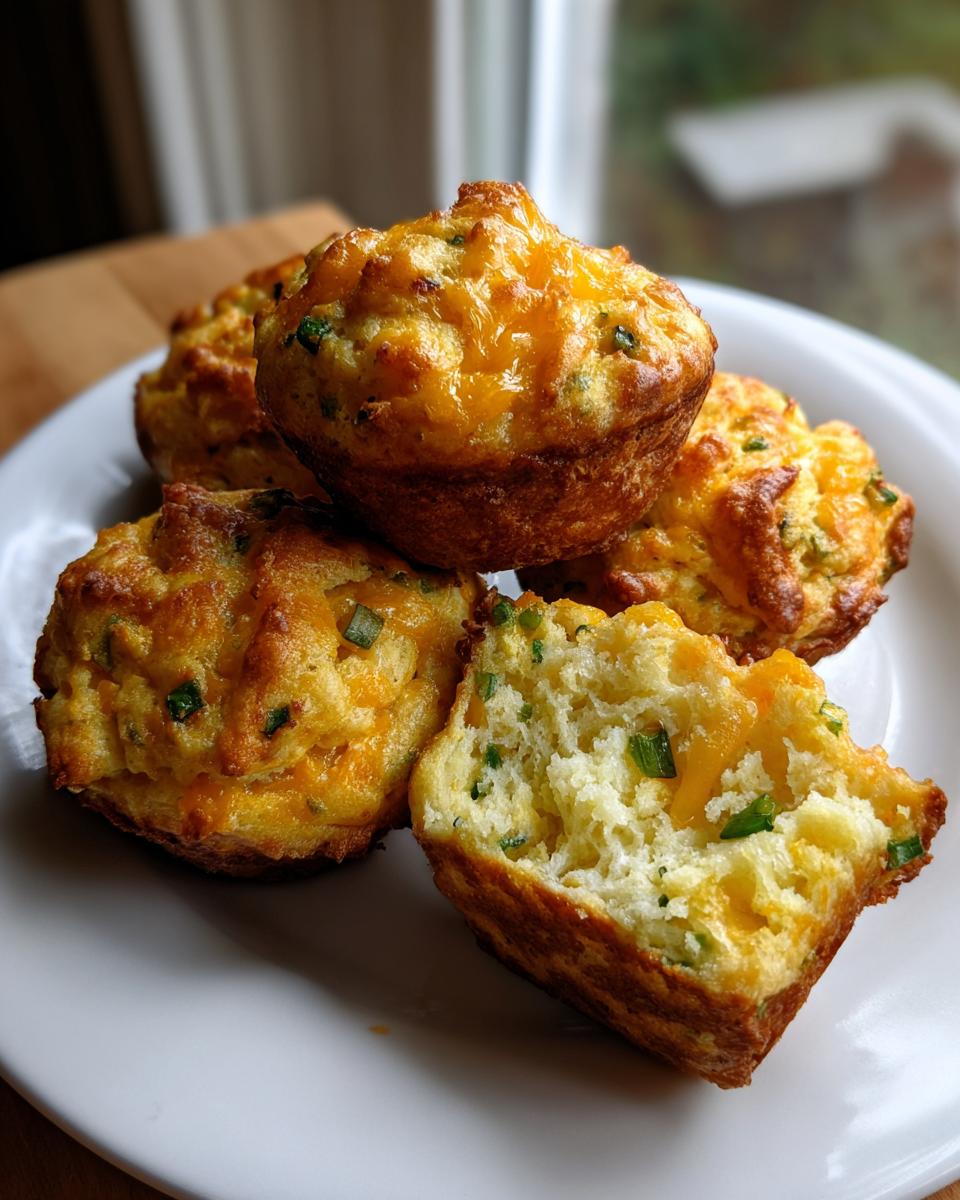 A stack of golden-brown Sourdough Discard Cheddar Breakfast Muffins, one broken open to reveal a fluffy interior with melted cheddar and green onions.