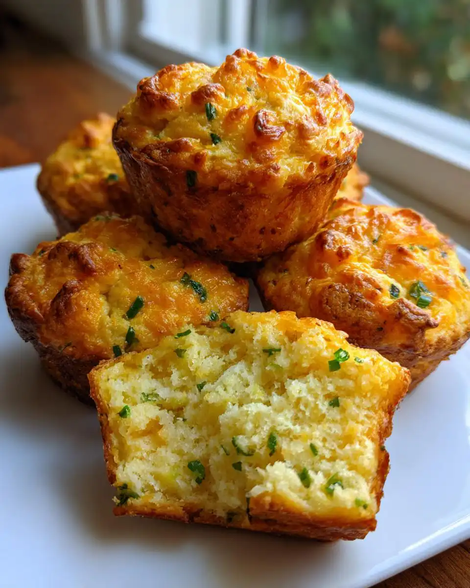 A stack of golden-brown Sourdough Discard Cheddar Breakfast Muffins, with one muffin cut in half to reveal a fluffy interior with cheese and chives.