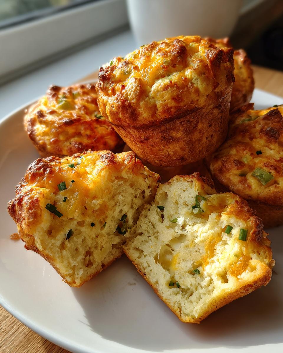 A close-up of Sourdough Discard Cheddar Breakfast Muffins on a white plate, one muffin is cut in half revealing a fluffy interior with melted cheddar and chives.