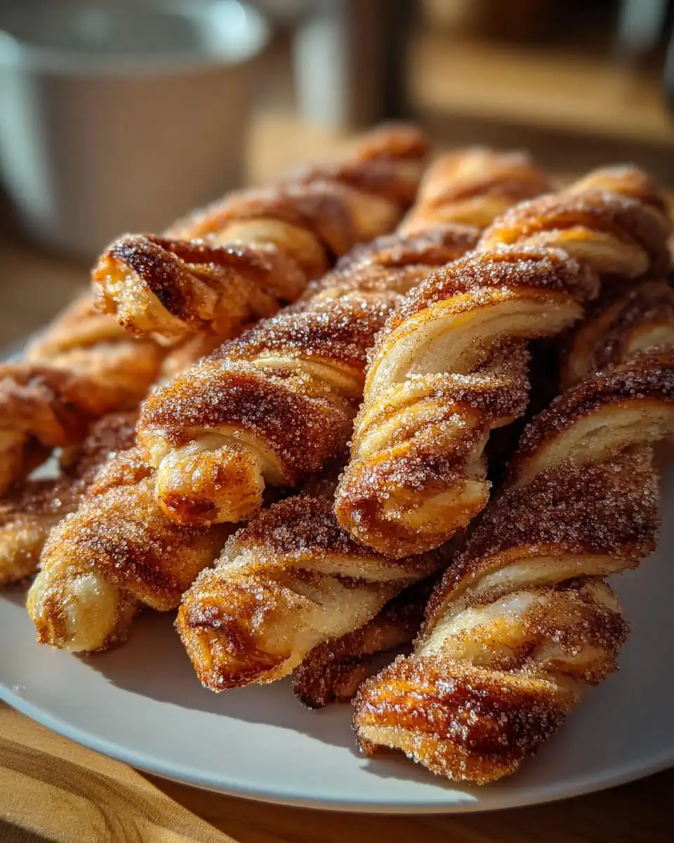 A close-up of a pile of golden-brown sourdough discard cinnamon sugar twists, coated in sparkling sugar.