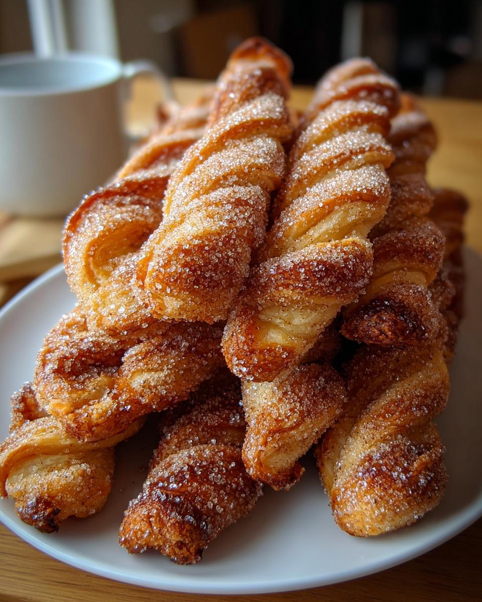 A pile of golden-brown sourdough discard cinnamon sugar twists, glistening with sugar crystals, on a white plate.