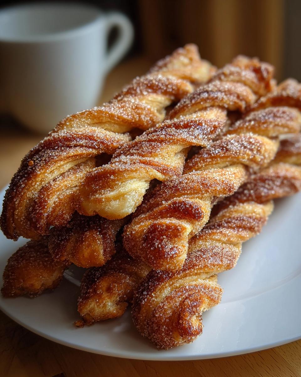 A close-up of a stack of golden-brown sourdough discard cinnamon sugar twists on a white plate.