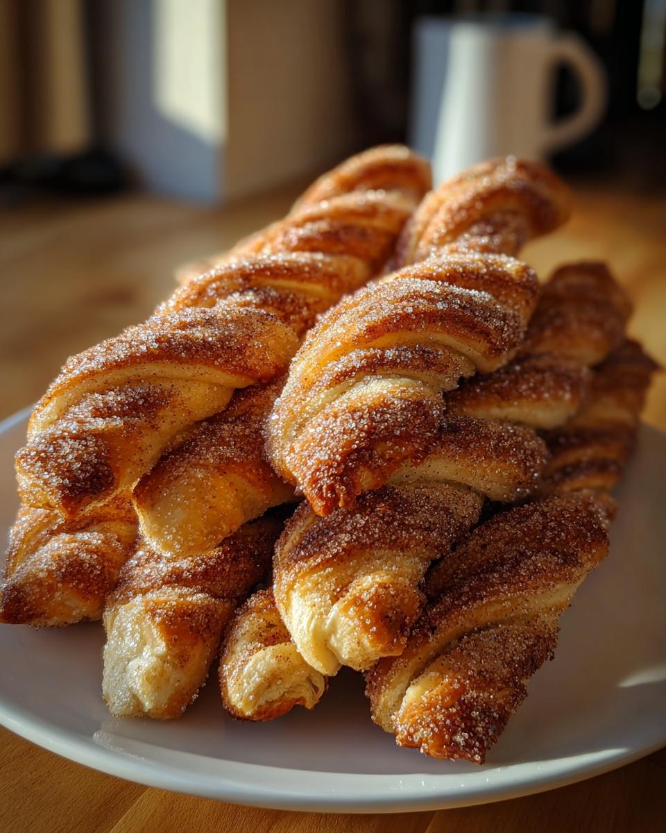 A close-up of a stack of golden-brown sourdough discard cinnamon sugar twists, glistening with sugar.