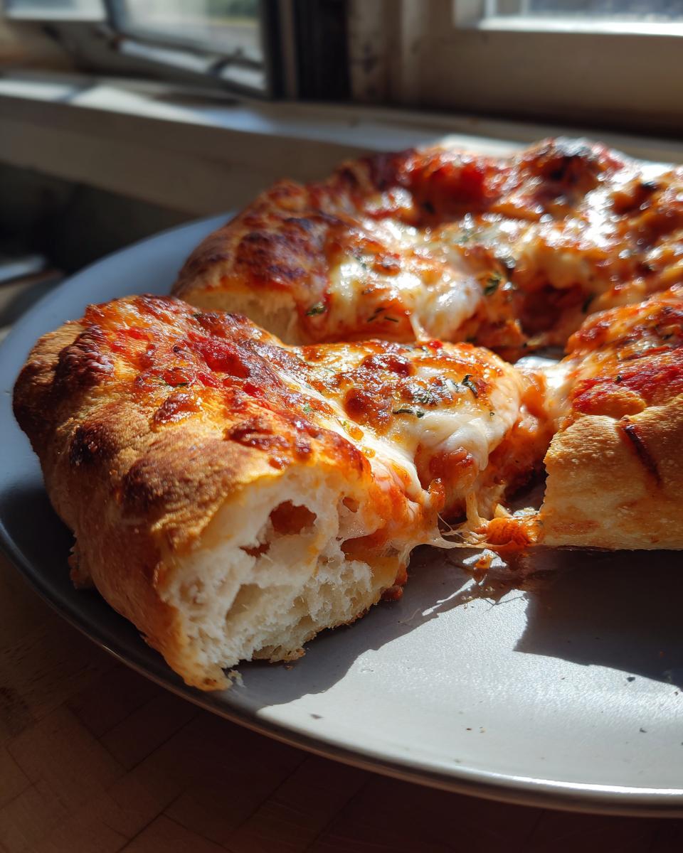 Close-up of a slice of sourdough discard pizza crust with bubbly melted cheese and marinara sauce.