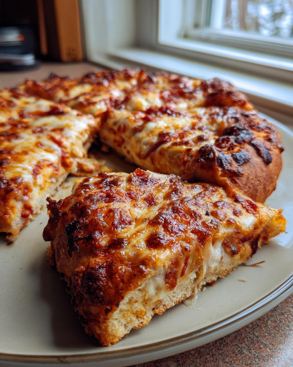 A close-up of a slice of sourdough discard pizza crust, showing melted cheese and a golden-brown crust.