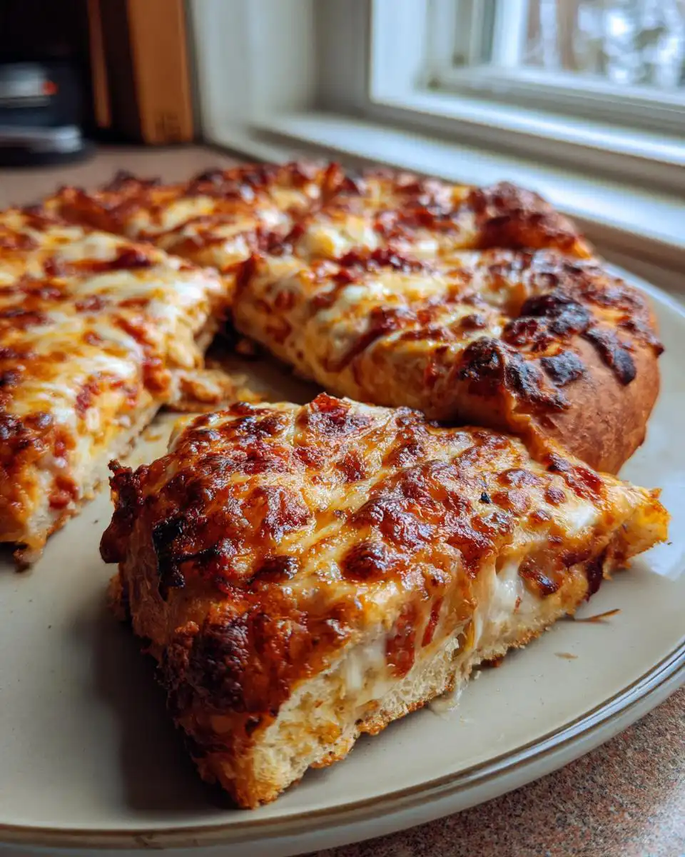 A close-up of a slice of sourdough discard pizza crust, showing melted cheese and a golden-brown crust.