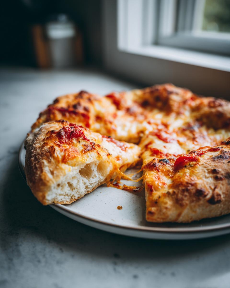 A slice of sourdough discard pizza crust with melted cheese and tomato sauce, showing a fluffy interior.