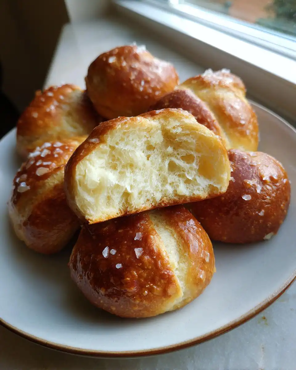 A close-up of golden brown sourdough discard pretzel bites sprinkled with coarse salt, one bitten in half to show the soft interior.