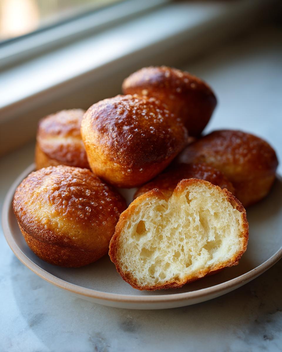 A pile of golden brown sourdough discard pretzel bites on a plate, with one bite broken open to show the airy interior.