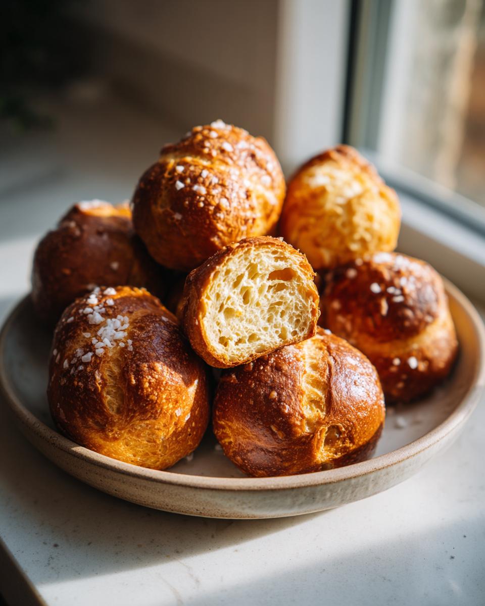A pile of golden-brown sourdough discard pretzel bites, one is cut in half showing its fluffy interior, sprinkled with coarse salt.