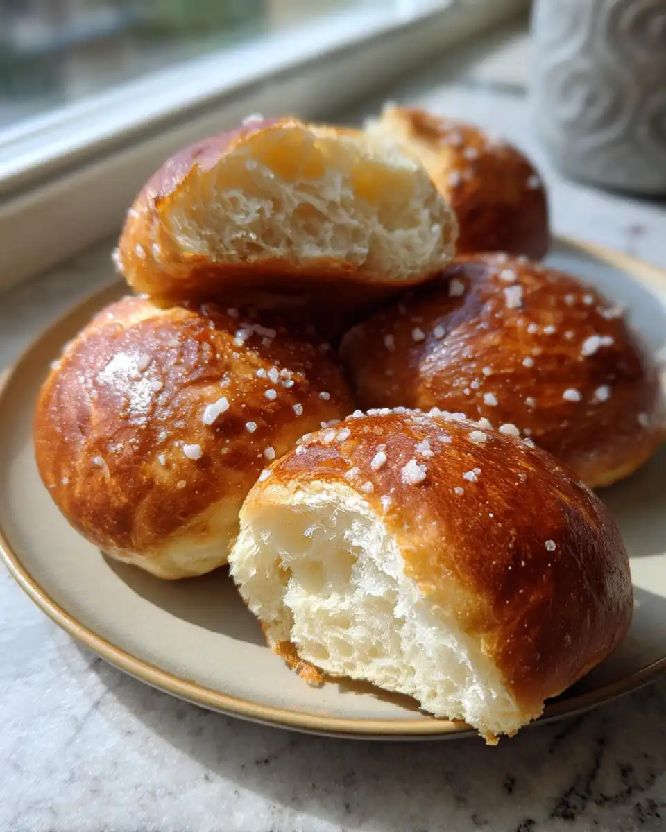A plate of golden-brown Sourdough Discard Pretzel Bites sprinkled with coarse salt, with one bite broken open to show the soft interior.