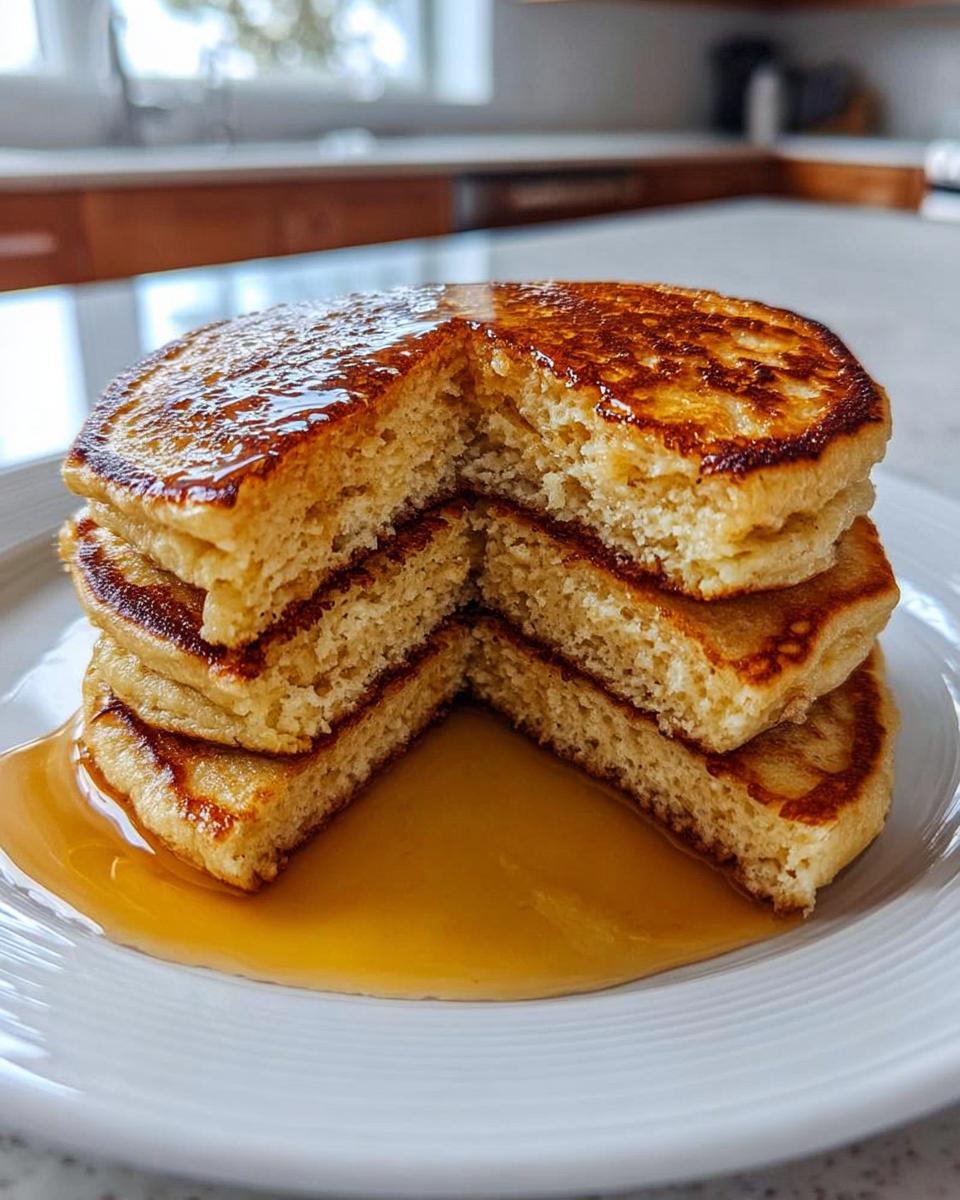A stack of fluffy sourdough pancakes drizzled with golden maple syrup on a white plate.