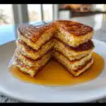 A stack of fluffy sourdough pancakes drizzled with golden syrup on a white plate.