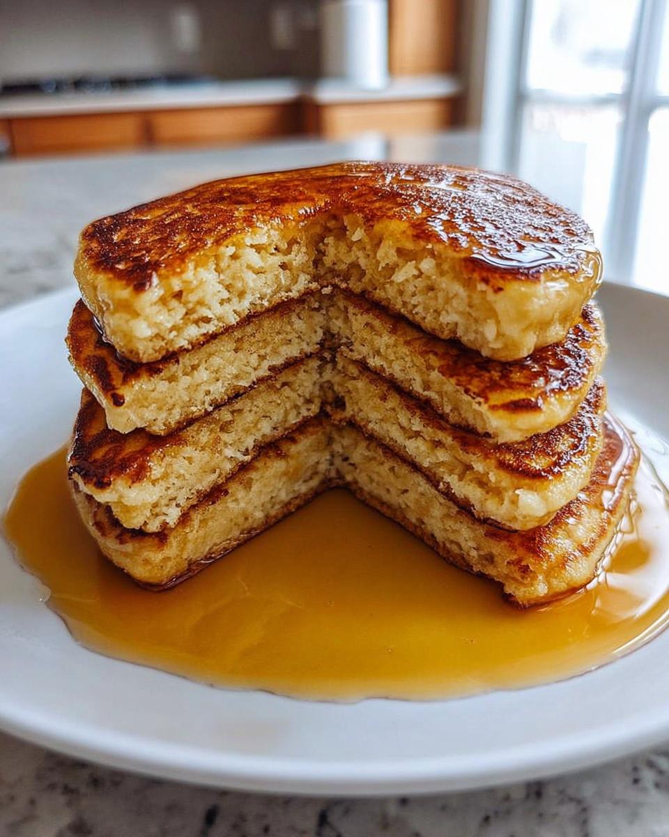 A stack of fluffy sourdough pancakes drizzled with golden maple syrup on a white plate.