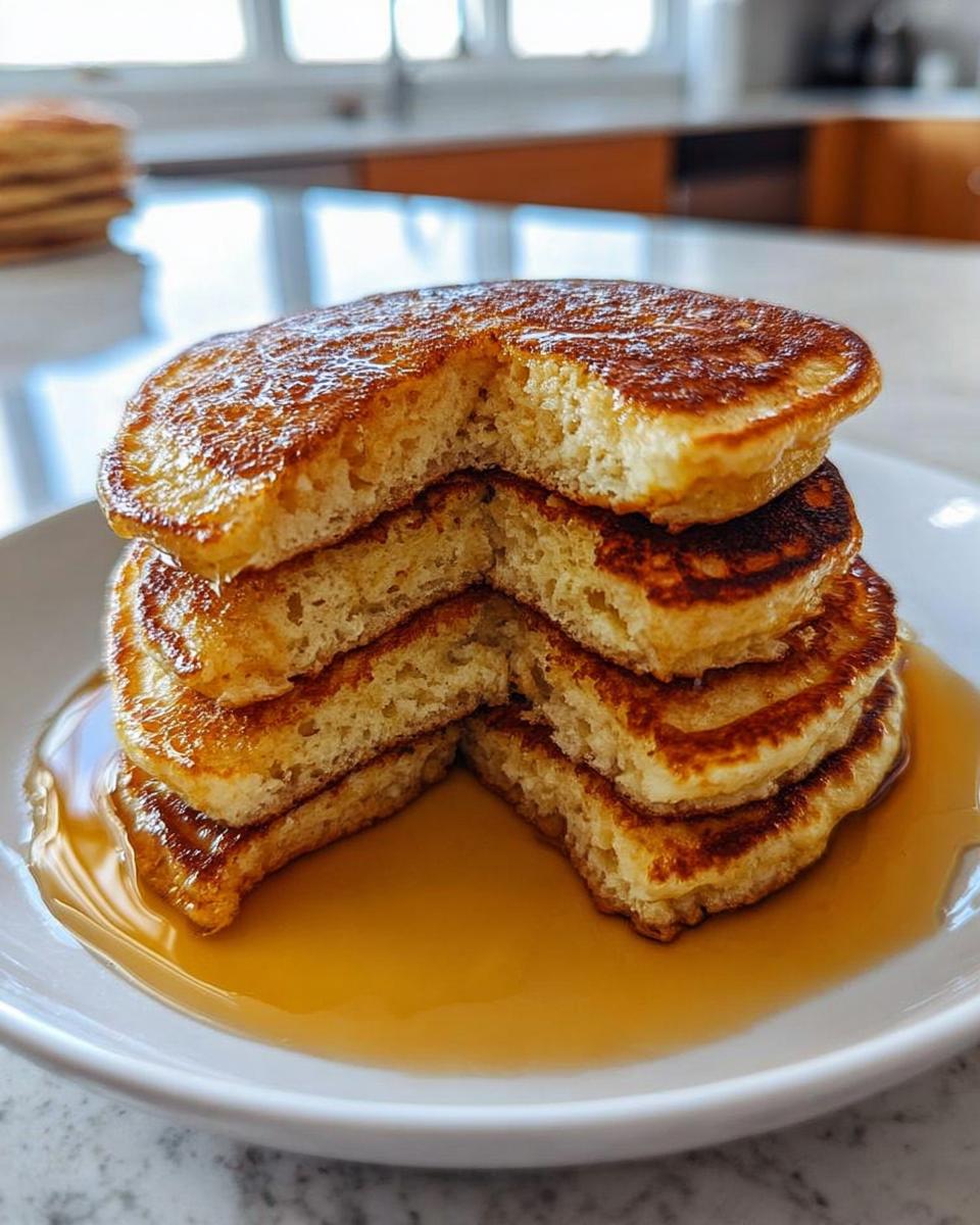 A close-up of a stack of fluffy sourdough pancakes, cut to reveal their airy texture, swimming in syrup.