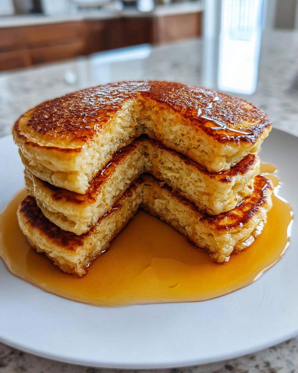 A stack of golden-brown sourdough pancakes, drizzled with maple syrup, with a slice removed to show the fluffy interior.