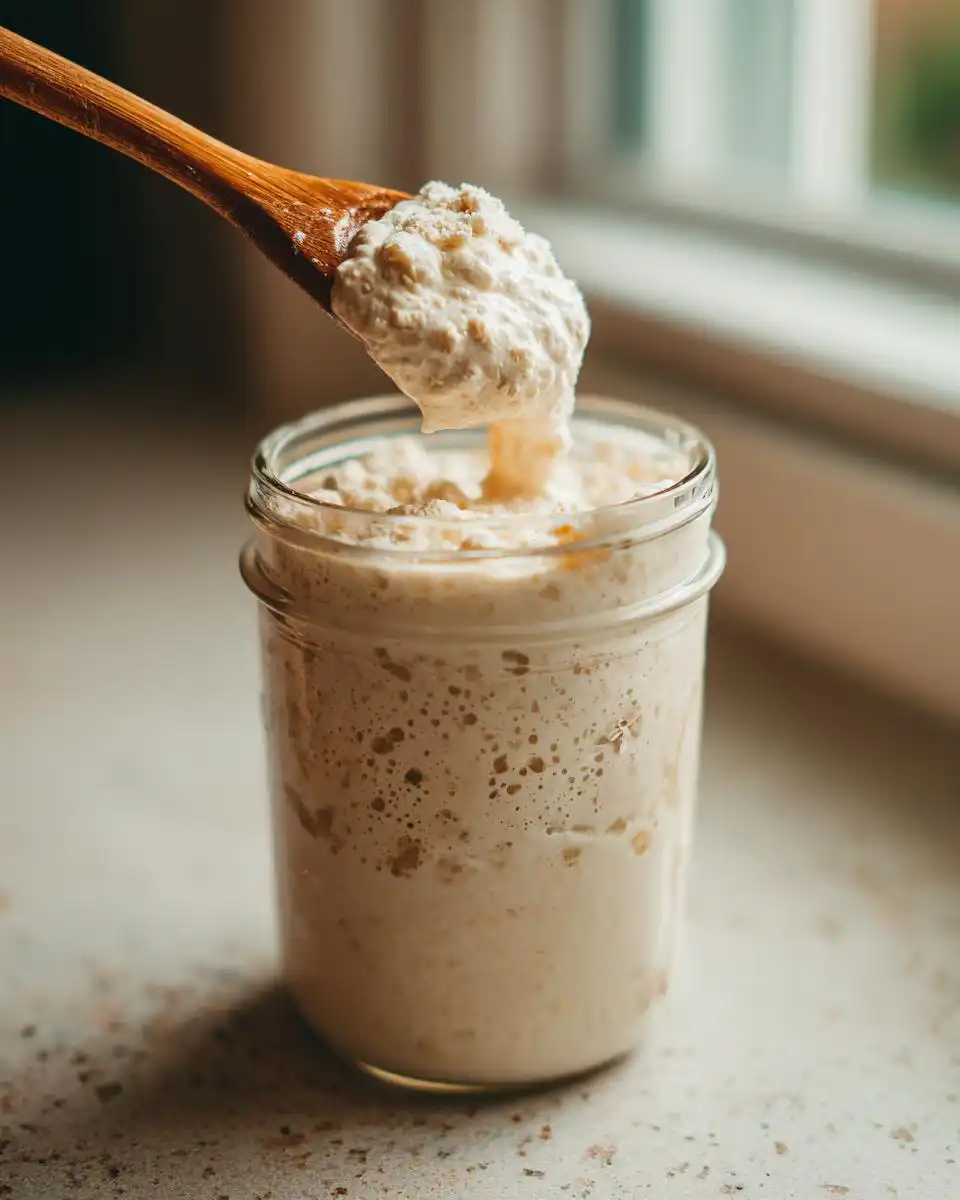 A wooden spoon lifting bubbly, active sourdough starter from a glass jar.