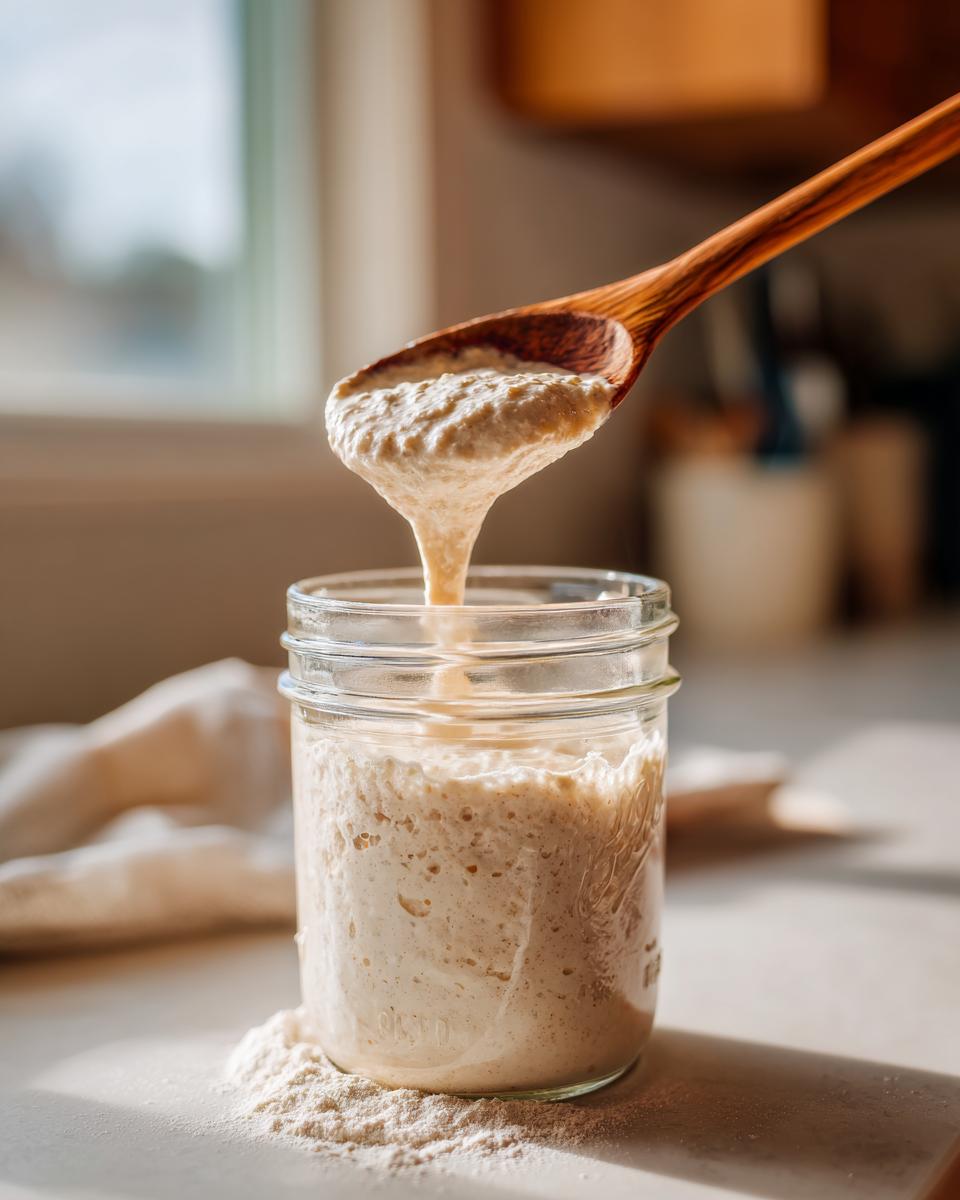 A wooden spoon scoops active sourdough starter from a glass jar, showing bubbles and texture.