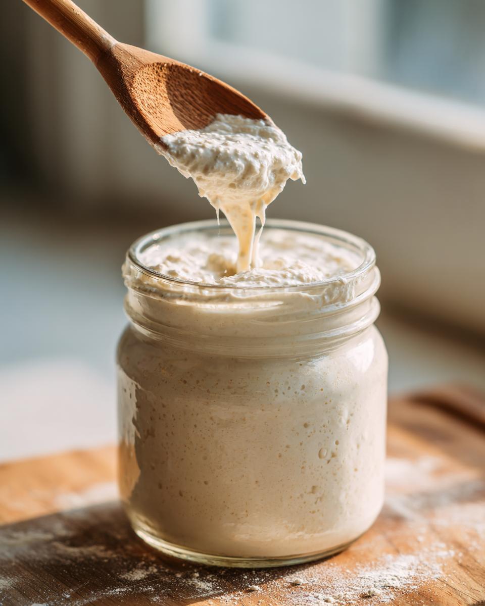 A wooden spoon lifting bubbly, active sourdough starter from a glass jar.