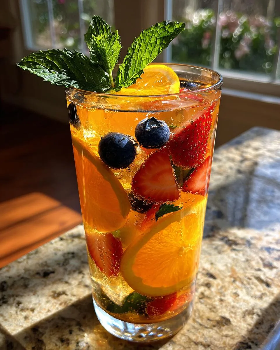 A tall glass filled with a sparkling fruit punch mocktail, featuring slices of orange, strawberries, blueberries, and mint.