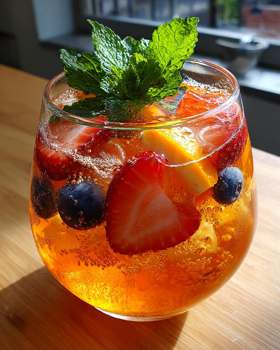 A close-up of a sparkling fruit punch mocktail filled with strawberries, blueberries, orange slices, and mint.