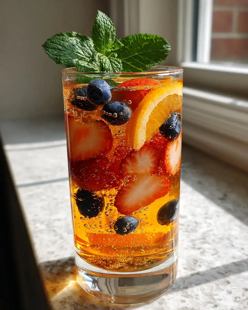 A tall glass filled with a sparkling fruit punch mocktail, featuring strawberries, blueberries, orange slices, and a mint sprig.