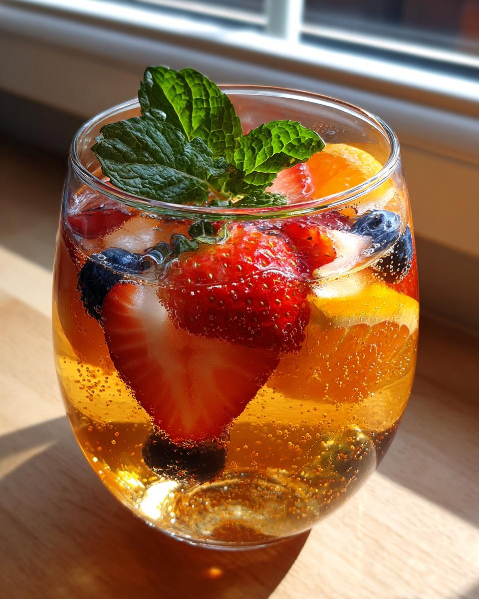 A close-up of a sparkling fruit punch mocktail filled with strawberries, blueberries, orange slices, and mint.