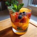 A close-up of a sparkling fruit punch mocktail filled with strawberries, blueberries, orange slices, and mint.