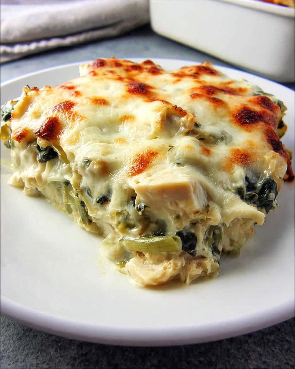 A generous slice of creamy spinach artichoke chicken casserole with melted, golden-brown cheese.