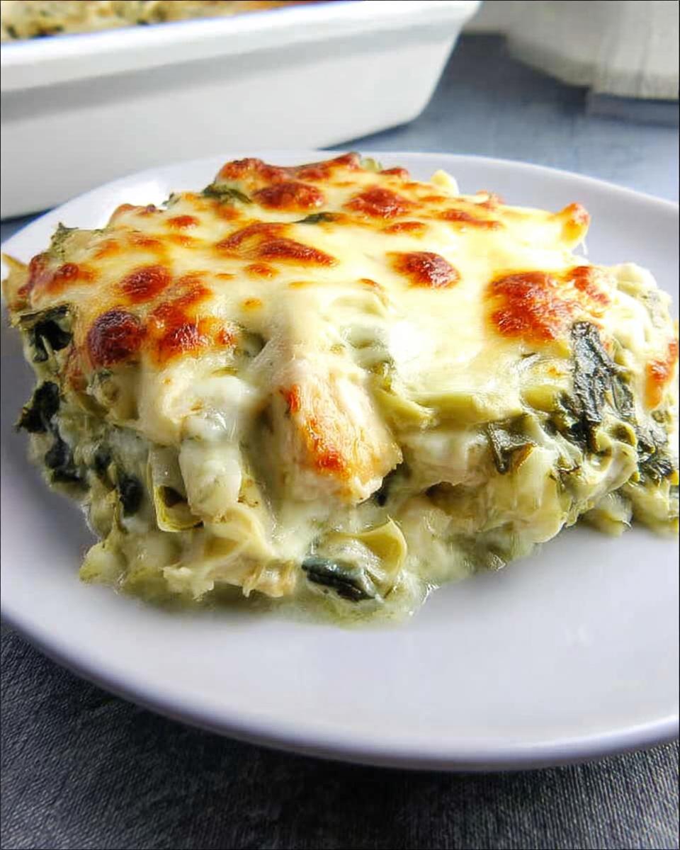 A generous slice of spinach artichoke chicken casserole, topped with melted, golden-brown cheese.