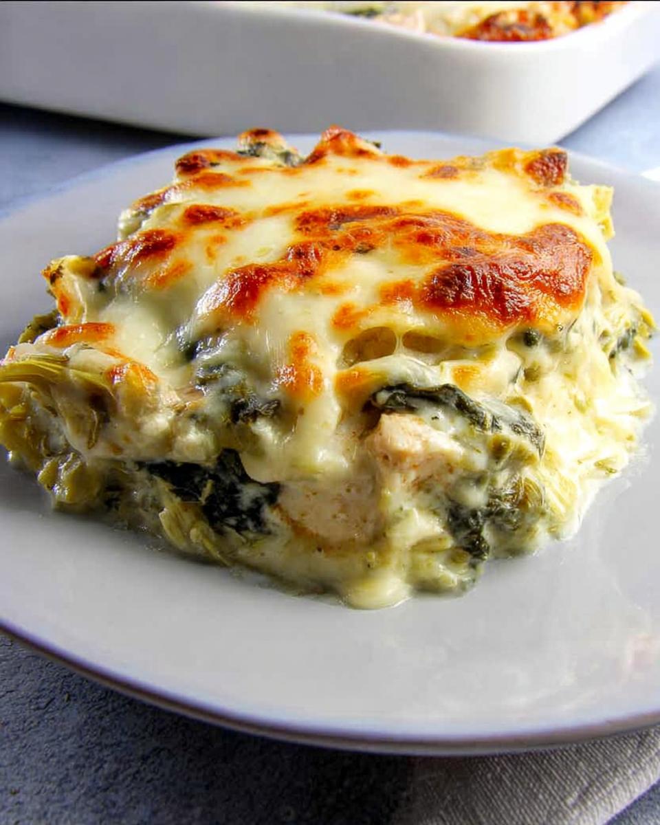 A delicious slice of spinach artichoke chicken casserole topped with melted, golden-brown cheese.