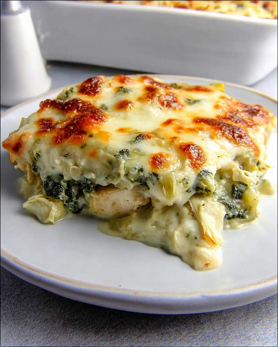 A close-up of a slice of spinach artichoke chicken casserole, with melted cheese topping and creamy sauce.