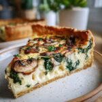 A close-up of a slice of Spinach Mushroom Quiche on a plate, showing the creamy filling, spinach, mushrooms, and golden crust.