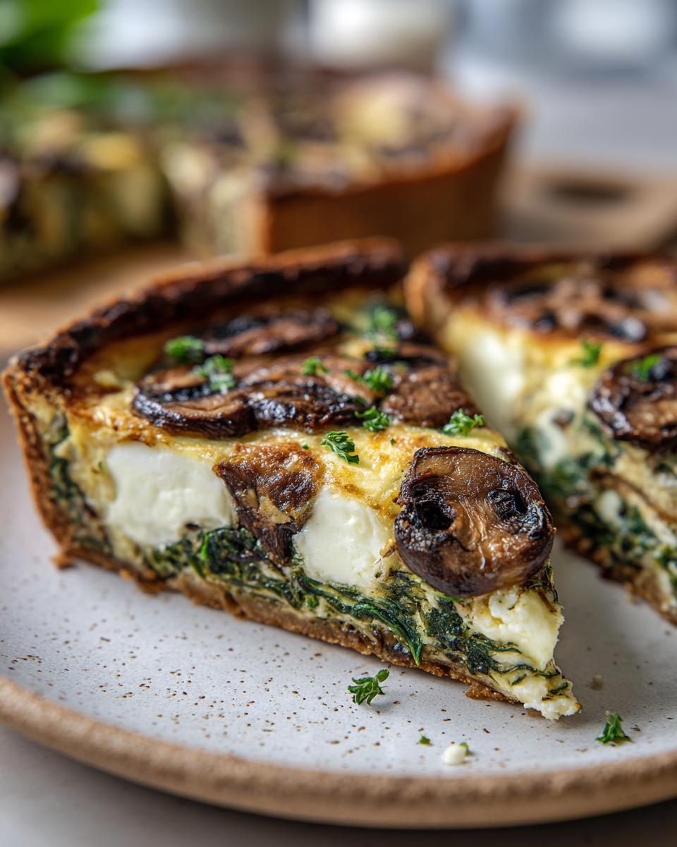 A close-up of a slice of Spinach Mushroom Quiche on a plate, showing layers of spinach, mushrooms, and cheese.