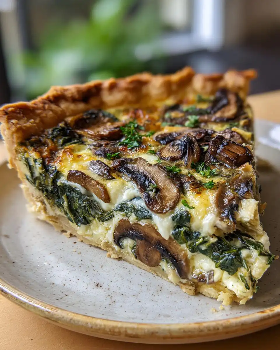 A slice of delicious Spinach Mushroom Quiche on a plate, showcasing flaky crust, creamy filling, spinach, and mushrooms.