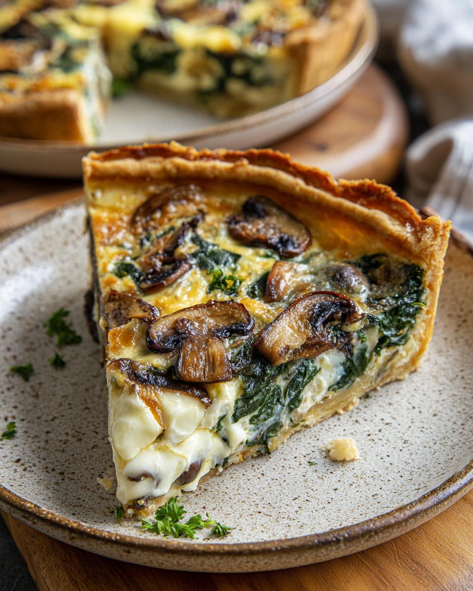 A delicious slice of Spinach Mushroom Quiche with creamy filling, spinach, and sauteed mushrooms on a plate.