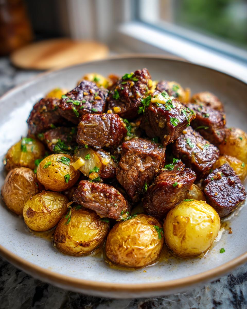 A close-up of delicious steak bites with crispy potatoes, garnished with fresh parsley.