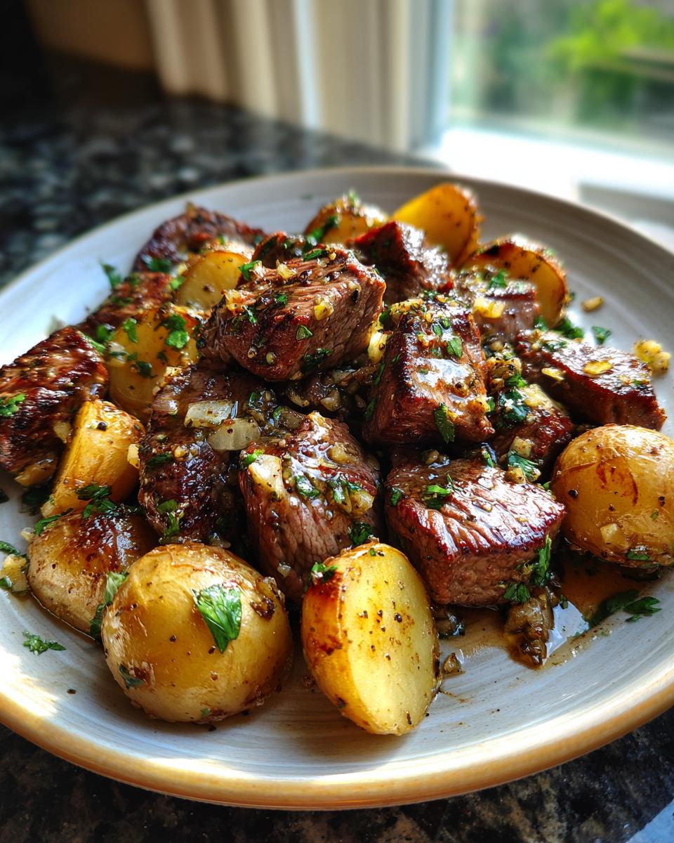 A close-up of a plate filled with tender steak bites and golden crispy potatoes, garnished with fresh parsley.