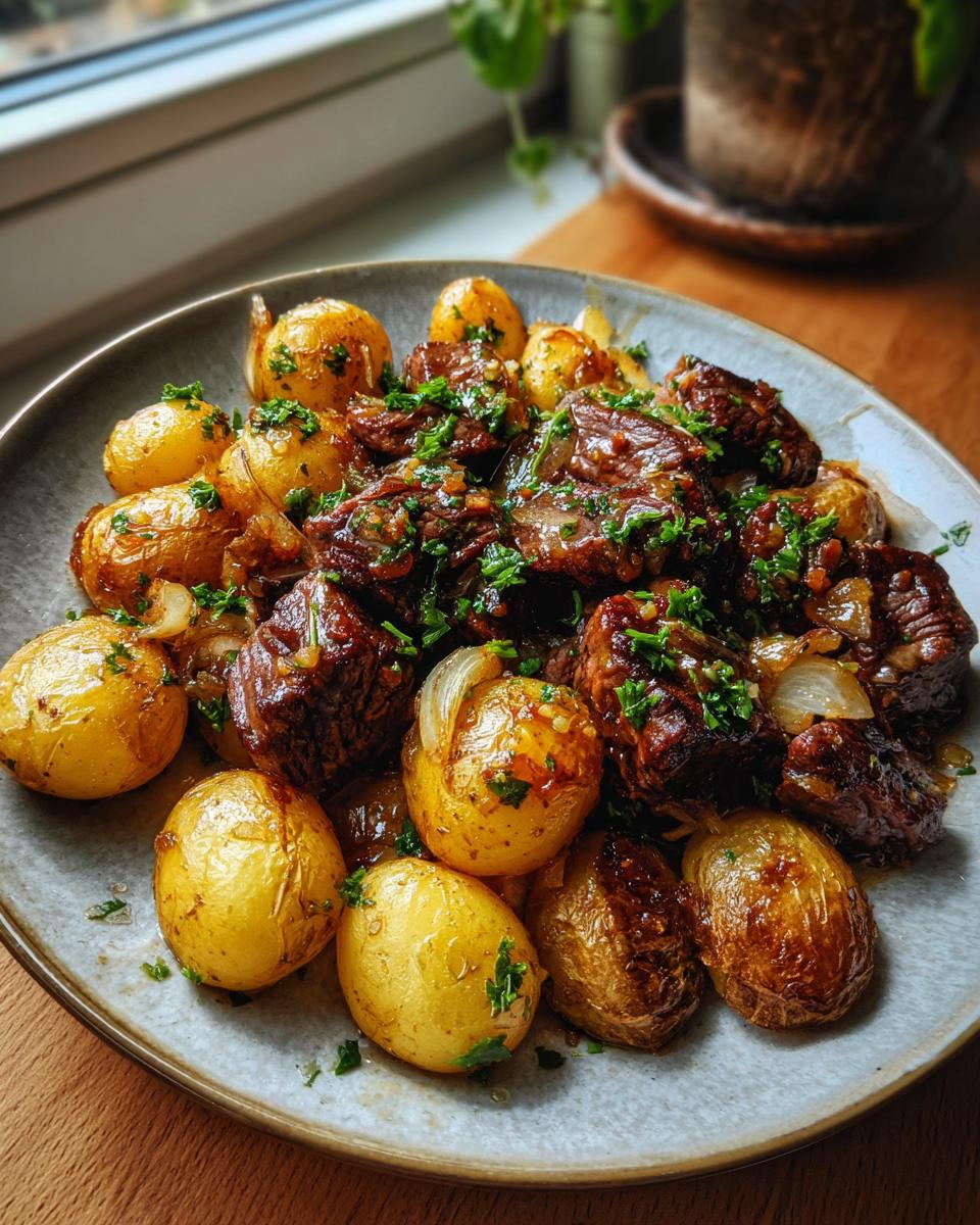 A close-up of juicy steak bites with crispy roasted potatoes, garnished with fresh parsley.