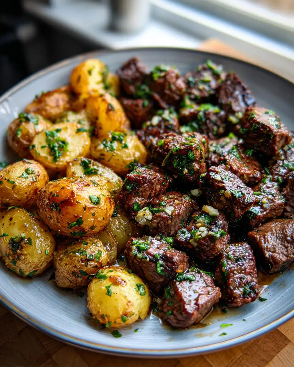 A close-up of a plate filled with juicy steak bites and golden crispy potatoes, garnished with fresh parsley.