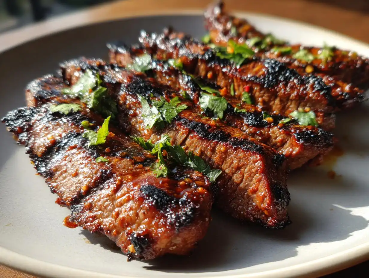 Close-up of juicy grilled steak slices coated in a rich Steak Fajita Marinade, garnished with fresh cilantro.