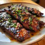 Close-up of grilled steak slices coated in a glistening steak fajita marinade and topped with fresh herbs.