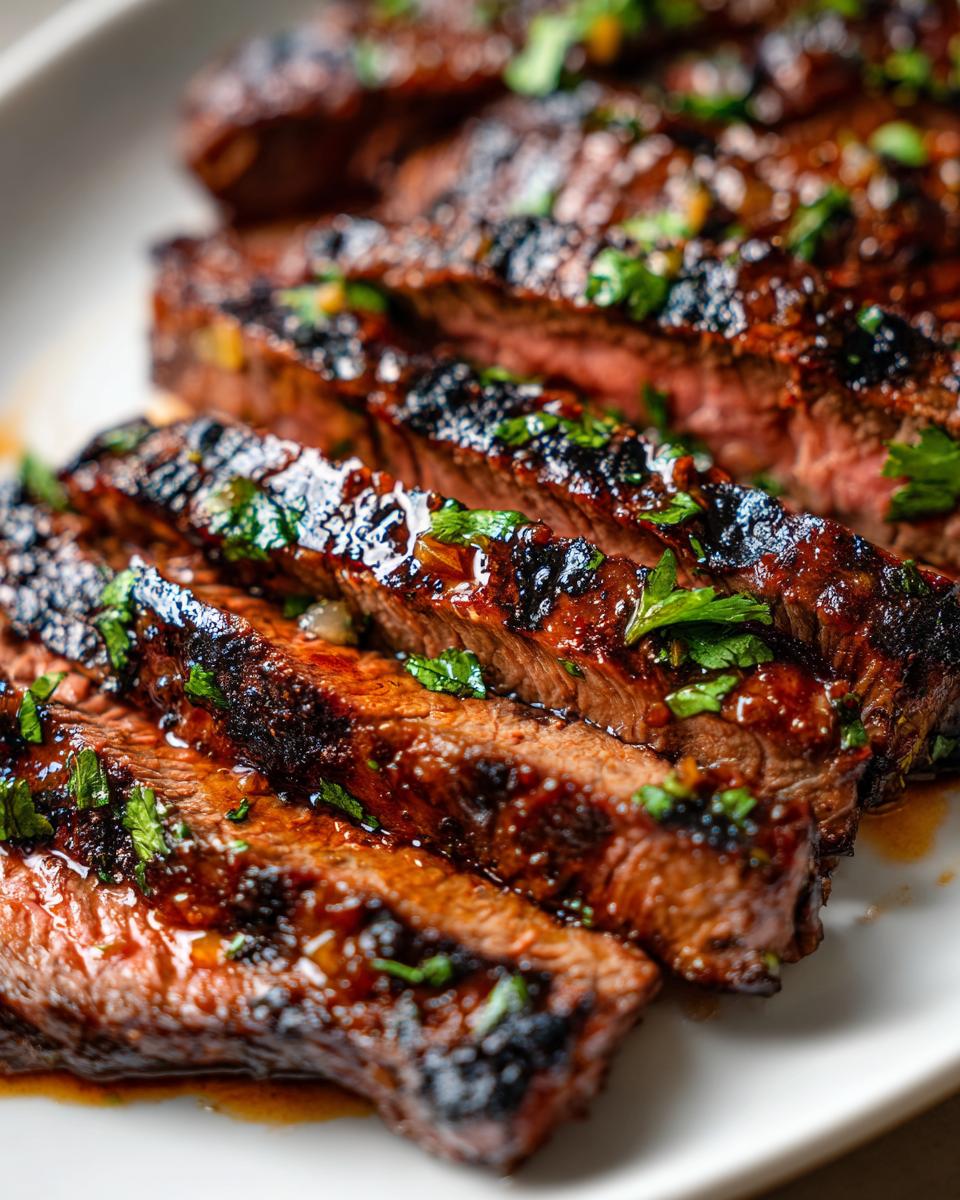 Close-up of sliced steak with a glossy Steak Fajita Marinade, garnished with fresh herbs.
