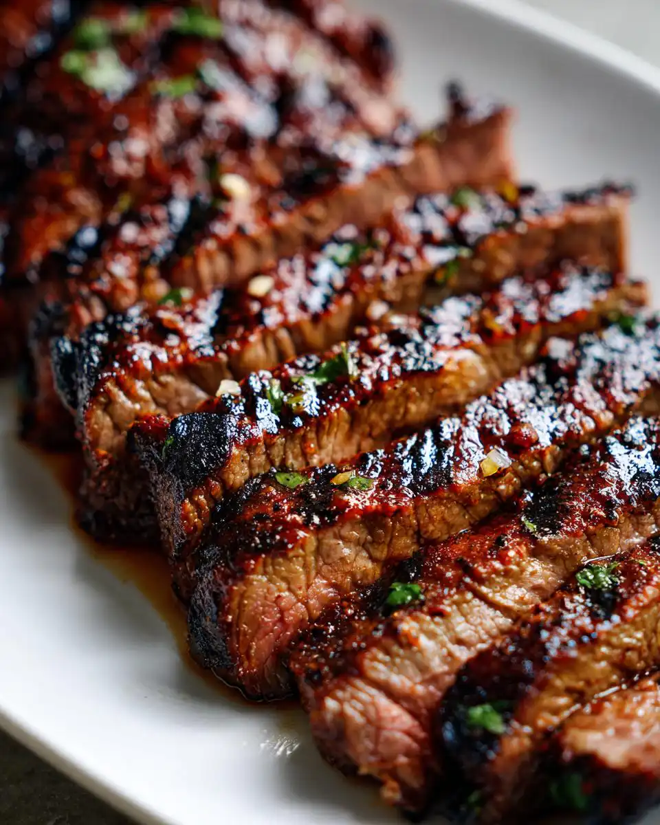 Close-up of perfectly grilled steak fajita slices, coated in a rich marinade and garnished with herbs.