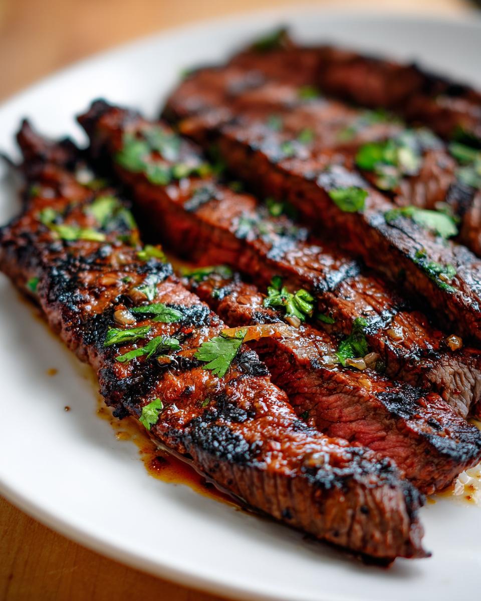 Close-up of perfectly grilled steak fajita marinade slices, garnished with fresh cilantro.
