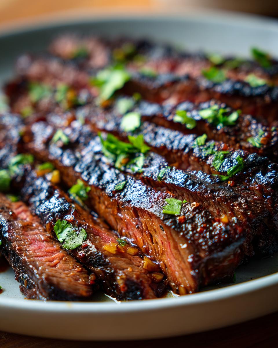 Close-up of perfectly cooked steak fajita slices, glistening with marinade and topped with fresh cilantro.