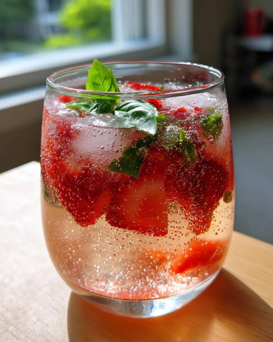 A close-up of a strawberry basil smash mocktail with fresh strawberries, basil leaves, and ice in a glass.
